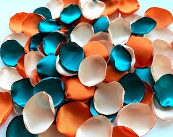 Burnt orange teal wedding Light taupe petals Dark teal orange rust rose petals