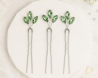 Sage grüne Kristall Haarnadeln SET von 3 grünen Braut Haarschmuck Waldhochzeit Brautjungfer Geschenk grünem Haarschmuck