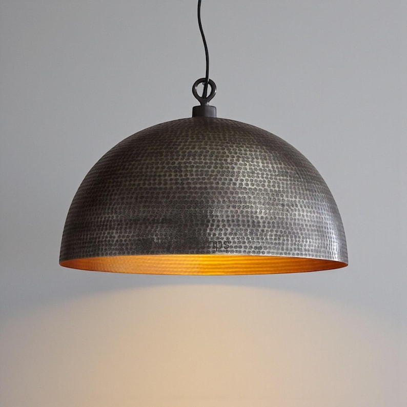 Modern Black Brass Dome Pendant Light, Hammered Brass Pendant Lamp - Black Dome Ceiling Light image 7