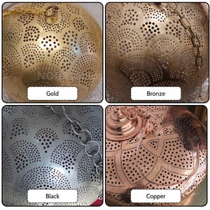 May include: A collection of four spherical pendant lamps featuring intricate laser-cut patterns. The lamps are available in four distinct metallic finishes labeled as gold, bronze, black, and copper, each suspended by a matching metal chain.