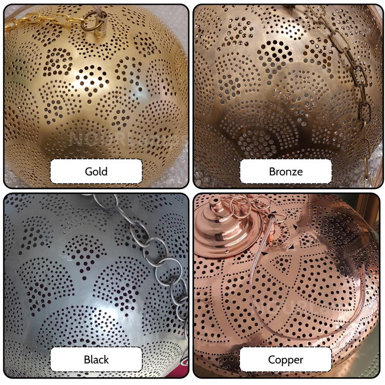 May include: A collection of four spherical pendant lamps featuring intricate laser-cut patterns. The lamps are available in four distinct metallic finishes labeled as gold, bronze, black, and copper, each suspended by a matching metal chain.
