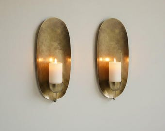 Set of 2 Oval Brass Candle Holders - Minimal Moroccan Wall Decor