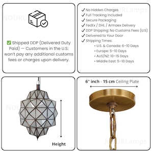 Handmade geometric pendant lamp with adjustable hanging chain and decorative metal framework.