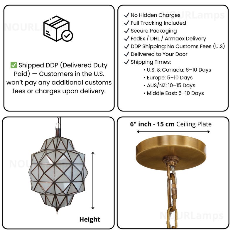 Handmade geometric pendant lamp with adjustable hanging chain and decorative metal framework.