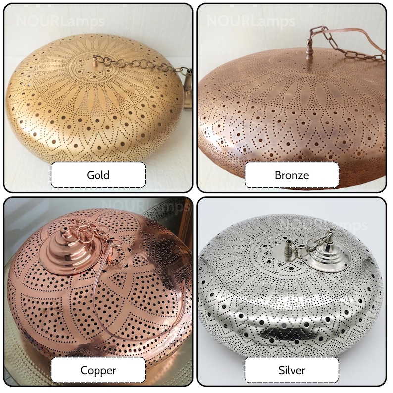 Puede incluir: Cuatro luminarias de techo redondas y decorativas en oro, bronce, cobre y plata. Cada luminaria tiene un delicado y complejo patr&oacute;n de peque&ntilde;os agujeros y una cadena que cuelga de la parte superior.