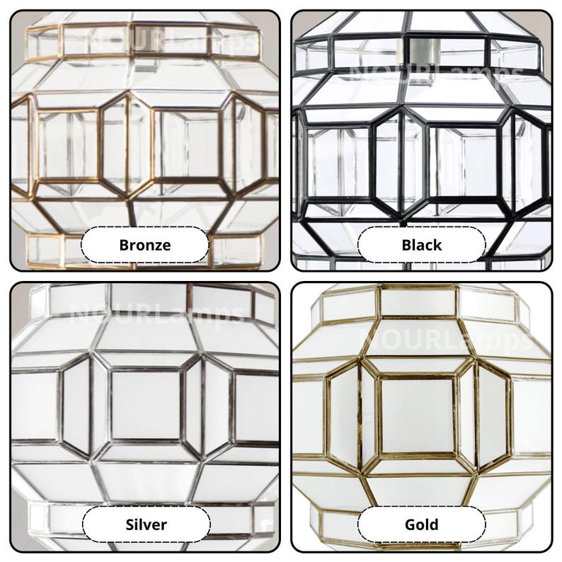 Geometric pendant light available in Bronze, Black, Silver, and Gold finishes.