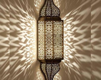 Brass Wall Sconce Lantern, Hand-Engraved Moroccan Light Fixture -Indoor & Outdoor Lamp