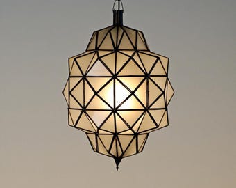 Moroccan Chandelier, Brass Frame With Milky Glass - Art Deco Pendant Light