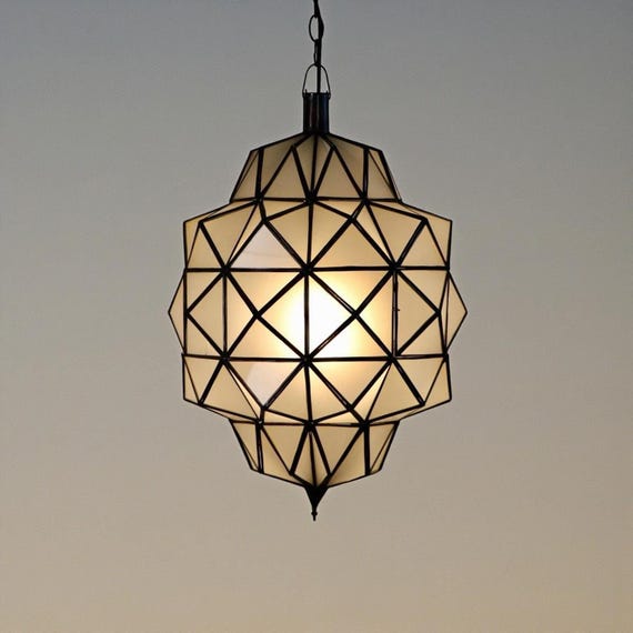 Moroccan Chandelier, Brass Frame With Milky Glass - Art Deco Pendant Light