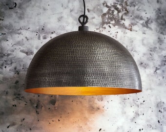 Modern Black Brass Dome Pendant Light, Hammered Brass Pendant Lamp - Black Dome Ceiling Light