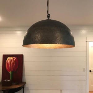Modern Black Brass Dome Pendant Light, Hammered Brass Pendant Lamp - Black Dome Ceiling Light image 3