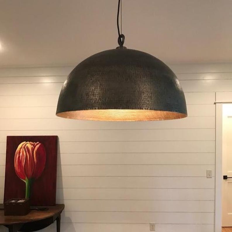 Modern Black Brass Dome Pendant Light, Hammered Brass Pendant Lamp - Black Dome Ceiling Light image 3