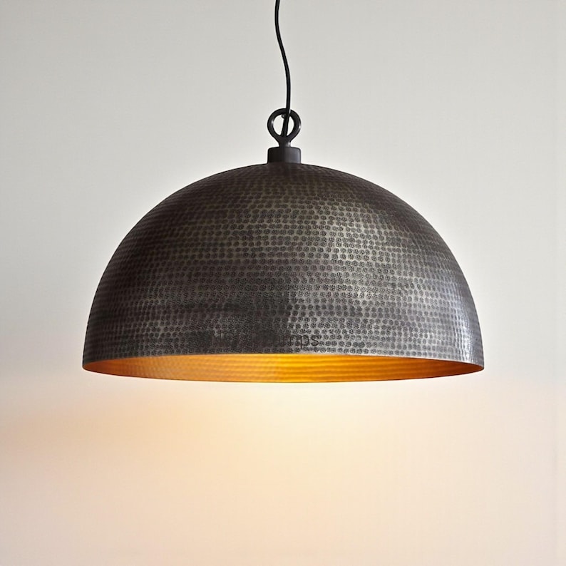 Modern Black Brass Dome Pendant Light, Hammered Brass Pendant Lamp - Black Dome Ceiling Light image 2