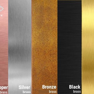 May include: Five metal samples in different colors: copper, silver, bronze, black, and gold. Each sample has a brushed finish and the word "brass" is written below each sample.