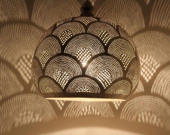 Handmade Brass Pendant Light Fixture, Moroccan Hand-Pierced Ceiling Lamp, Warm Ambient Boho Decor, Adjustable Chain