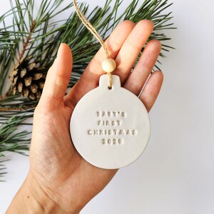 Baby's First Christmas Bauble 2024 Minimalist Christmas Tree Bauble White Clay Ornament image 3