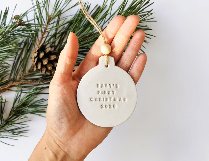 Baby's First Christmas Bauble 2024 Minimalist Christmas Tree Bauble White Clay Ornament image 3