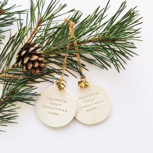 Personalised Baby's First Christmas 2024 - Christmas Tree Bauble with bells - White Clay Ornament