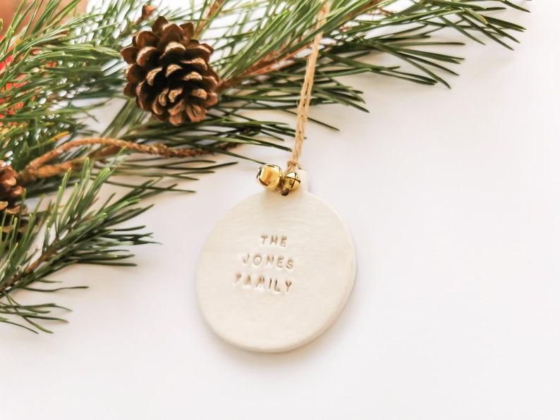 Personalised Family Christmas Bauble Clay Christmas Tree Decoration with Bells White Christmas Ornament image 2