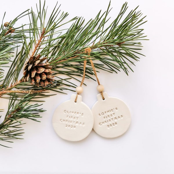 Personalised First Christmas Bauble 2024 - Minimalist Christmas Tree Bauble with bead - White Clay Ornament