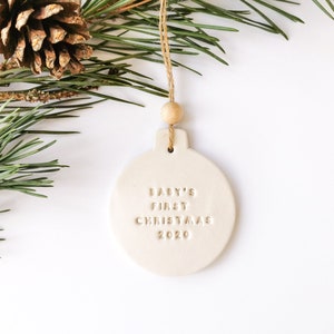 Baby's First Christmas Bauble 2024 Minimalist Christmas Tree Bauble White Clay Ornament image 2