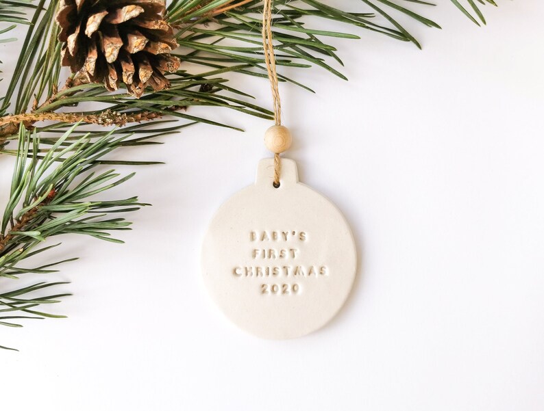 Baby's First Christmas Bauble 2024 Minimalist Christmas Tree Bauble White Clay Ornament image 2