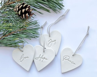 Handmade Clay Heart Christmas Ornaments - Advent Gift - Hope, Joy, Peace and Love -  White Heart Baubles with Velvet String - Set of 4