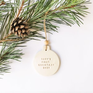 Baby's First Christmas Bauble 2024 Minimalist Christmas Tree Bauble White Clay Ornament image 1