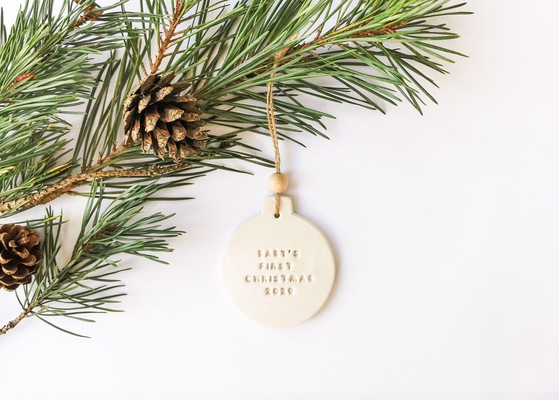 Baby's First Christmas Bauble 2024 Minimalist Christmas Tree Bauble White Clay Ornament image 1