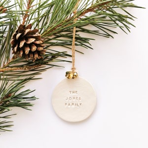 Personalised Family Christmas Bauble Clay Christmas Tree Decoration with Bells White Christmas Ornament image 1