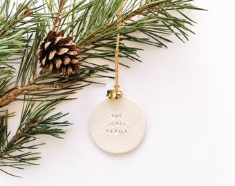 Personalised Family Christmas Bauble - Clay Christmas Tree Decoration with Bells - White Christmas Ornament