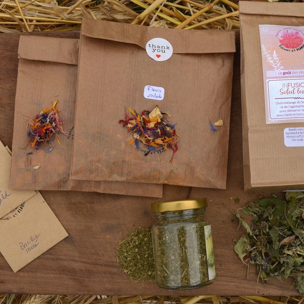 Coffret cadeau Apprenti Herboriste | Tisane + fleurs comestibles + épices pour la cuisine + graines à planter