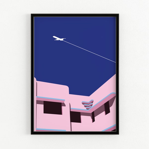 Poster print, Art deco poster print, Art deco building, Miami, poster print, Building wall art, Airplane digital illustration, Home decor