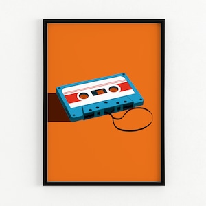 Retro cassette tape poster print, Retro wall art, Vintage decor, 80s print, Pop art, Music poster, Orange wall decor, Modern decor