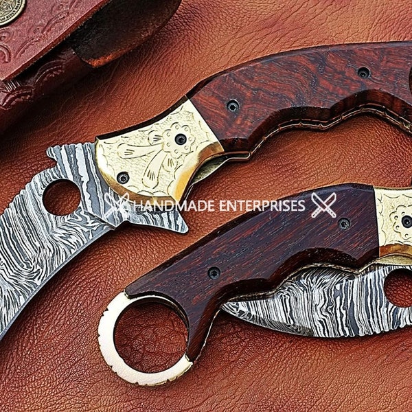 Karambit Pocket Knife - Handmade from Damascus Steel with a Leather Holder - Folding/Hunting (Kerambit/Kurambik/Karambol/Karambiak)