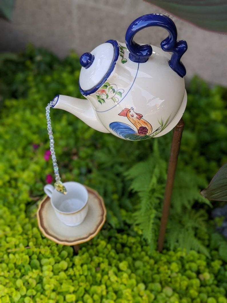 Rooster garden art tea pot suncatcher pouring iridized glass Etsy