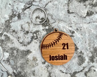 Personalized Baseball keychain - laser cut - wood  - bulk - cherry wood 2” 2 inches