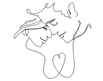 Diseño de bordado a máquina de una sola línea para pareja, patrón de contorno de amantes románticos minimalistas