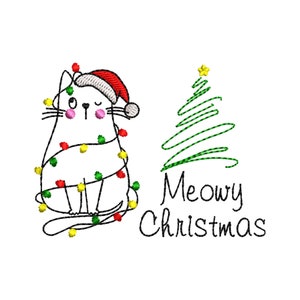 Christmas Tree Machine Embroidery Design, Merry Christmas Cat Embroidery Pattern, Cat In Santa Hat 5 sizes - INSTANT DOWNLOAD