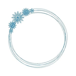 Könnte beinhalten: Ein blauer Schneeflocken-Rahmen mit runder Form. Der Rahmen besteht aus mehreren dünnen Linien.