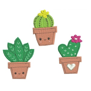 May include: Three potted cactus plants with cute faces. The cactus plants are green and have different shapes. The pots are brown and have a white heart on the front.