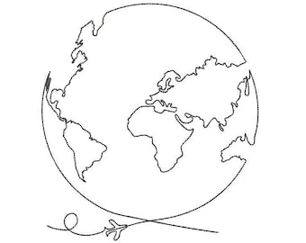 Può includere: Un disegno a linea della Terra con un aereo che le vola intorno.