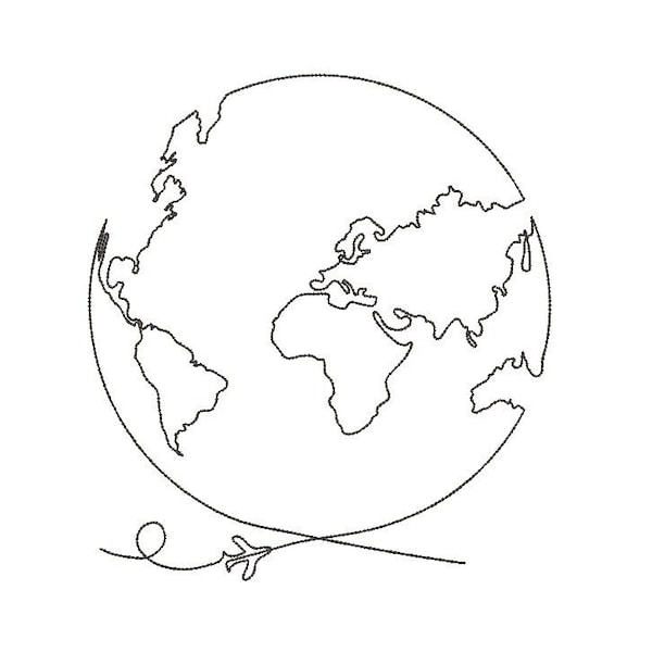 Planet of Earth Silhouette One Line Machine Embroidery Design, Continuous Line Globe with Airplane Embroidery Files 6 size  INSTANT DOWNLOAD