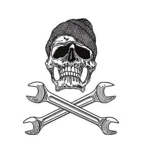 May include: Black and white illustration of a skull wearing a beanie and crossed wrenches.