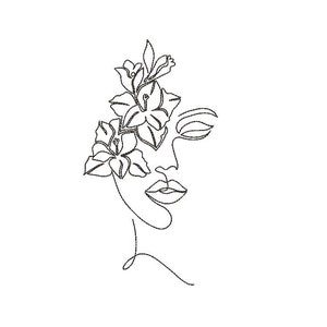 Girl with Flowers Silhouette One Line Machine Embroidery Design, Lady in Lilies Embroidery Pattern 5 size  - INSTANT DOWNLOAD