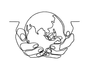 Earth in Hands Machine Embroidery Design, One Line Art Pattern