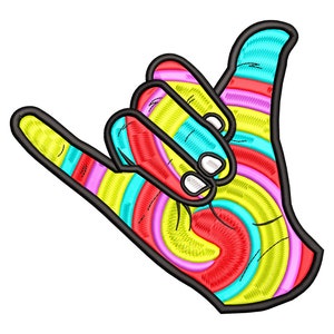May include: A colorful hand gesture with a black outline, featuring a swirl pattern in shades of red, yellow, blue, and pink.