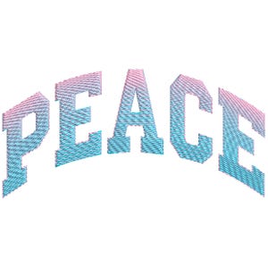 以下が含まれることがあります： 青とピンクのグラデーションで「PEACE」の文字が刺繍されたデザイン。文字はアーチ状に配置され、白い背景に映えています。
