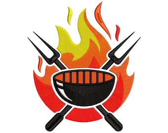 Grill Flamme Maschinenstickerei Design, BBQ Stickmuster, Grill Split Stickdatei 5 Größe - INSTANT DOWNLOAD