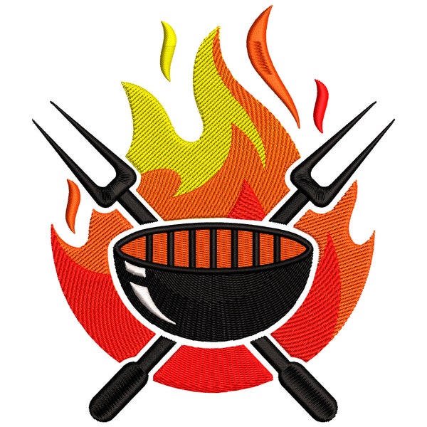 Barbecue Flame Machine Embroidery Design, BBQ Embroidery Pattern, Grill Split Embroidery File 5 size  - INSTANT DOWNLOAD